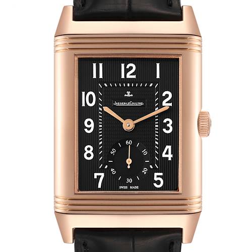 This image shows a frontal view of the Jaeger-LeCoultre Reverso watch, highlighting its rectangular dial and black leather strap.
