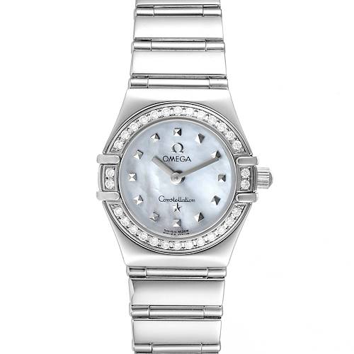 The Omega 1465.71.00 Women's Stainless Steel Mother of Pearl Dial 1465.71.00 Women's Stainless Steel Mother of Pearl Dial Constellation My Choice Mini Diamond Steel Ladies Watch 1465.71.00 is shown from a front angle, featuring its bezel, dial, and bracelet.