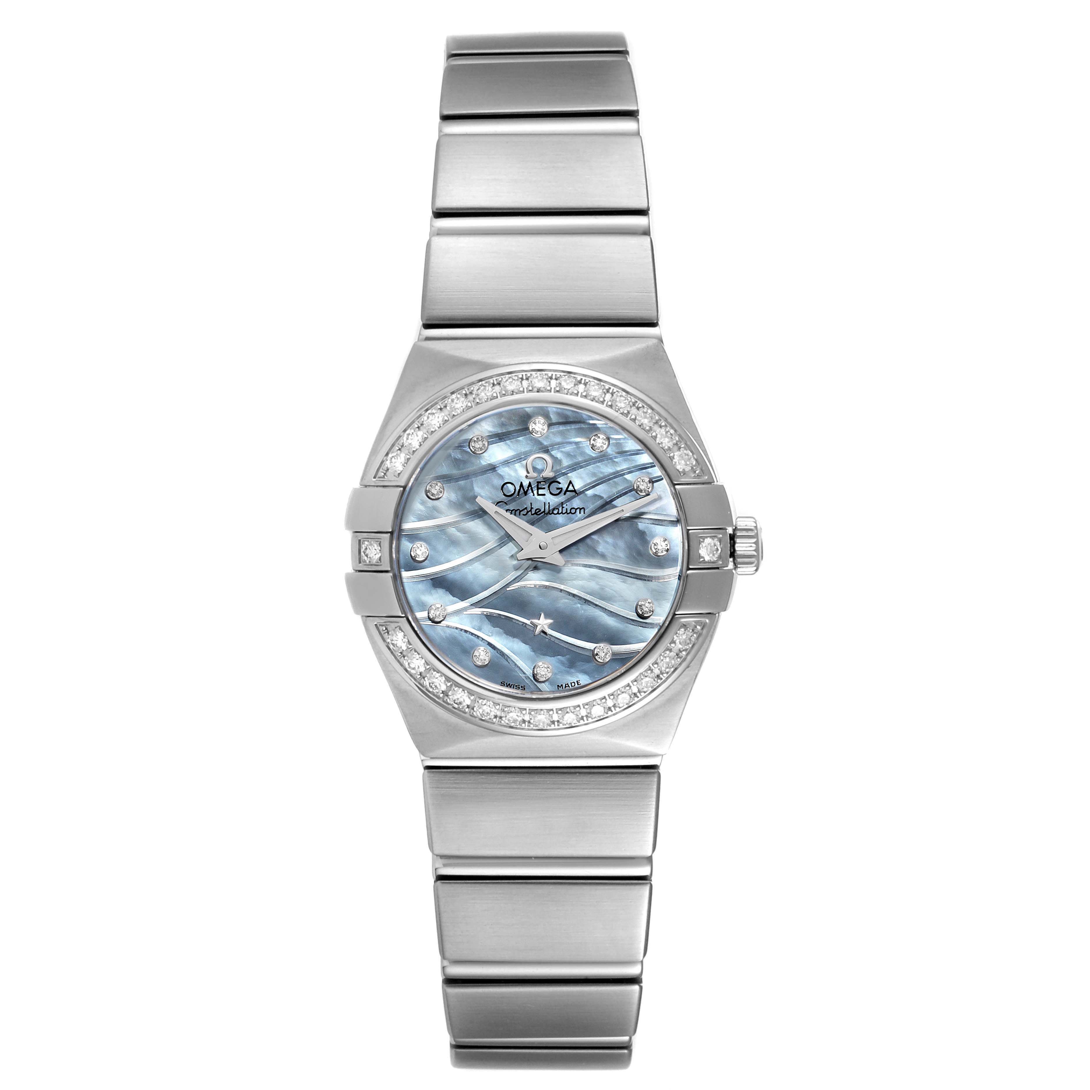 This image shows a front view of the Omega 123.15.24.60.57.001 Women's Stainless Steel Mother of Pearl Dial 123.15.24.60.57.001 Women's Stainless Steel Mother of Pearl Dial Constellation Quartz 24 MOP Diamond Watch 123.15.24.60.57.001.