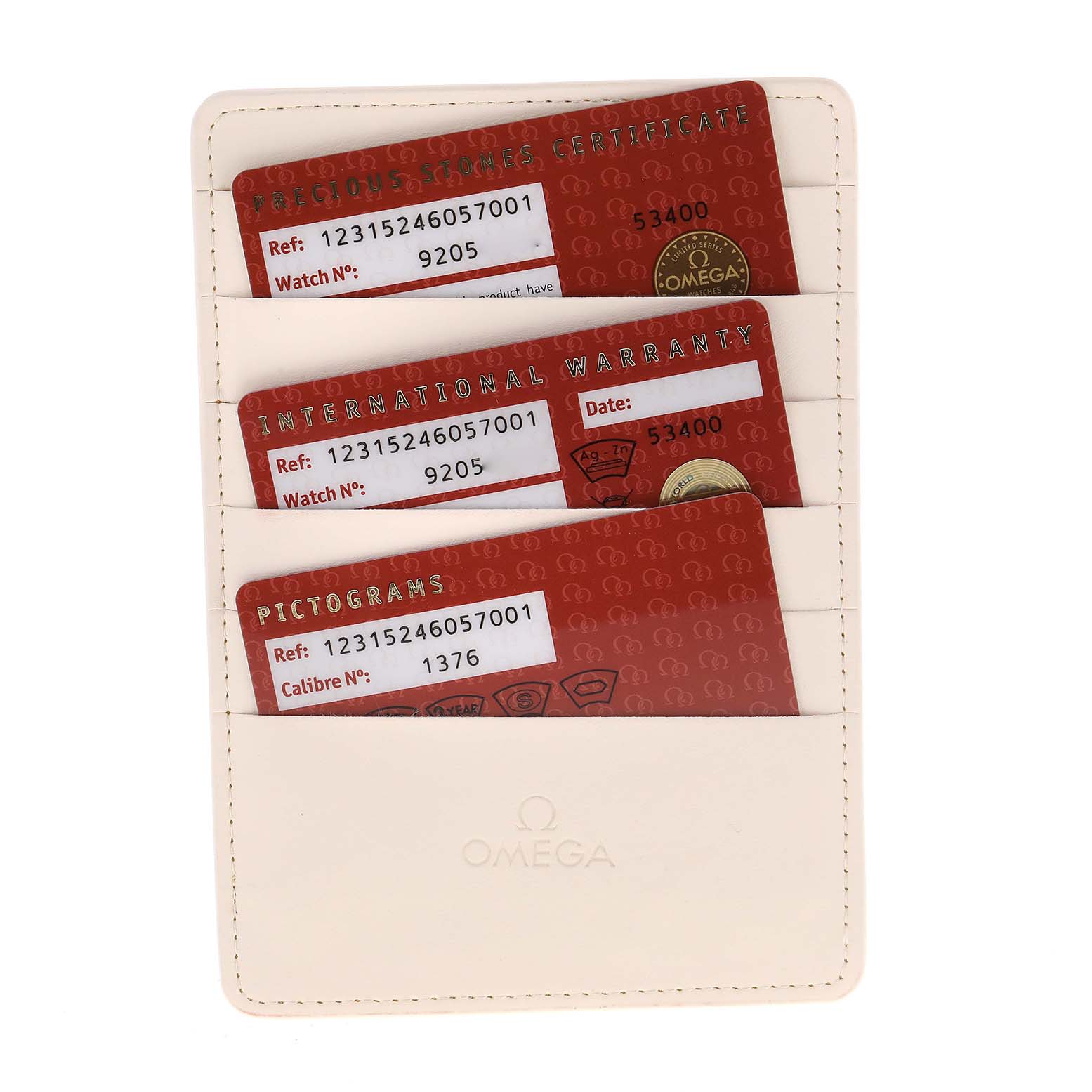 The image shows the cards for the Omega 123.15.24.60.57.001 Women's Stainless Steel Mother of Pearl Dial 123.15.24.60.57.001 Women's Stainless Steel Mother of Pearl Dial Constellation Quartz 24 MOP Diamond Watch 123.15.24.60.57.001 in a cream-colored holder.