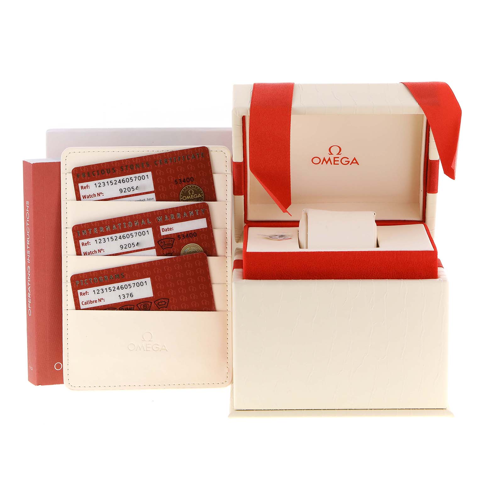 This image shows the box, cards, and manual of the Omega 123.15.24.60.57.001 Women's Stainless Steel Mother of Pearl Dial 123.15.24.60.57.001 Women's Stainless Steel Mother of Pearl Dial Constellation Quartz 24 MOP Diamond Watch 123.15.24.60.57.001.