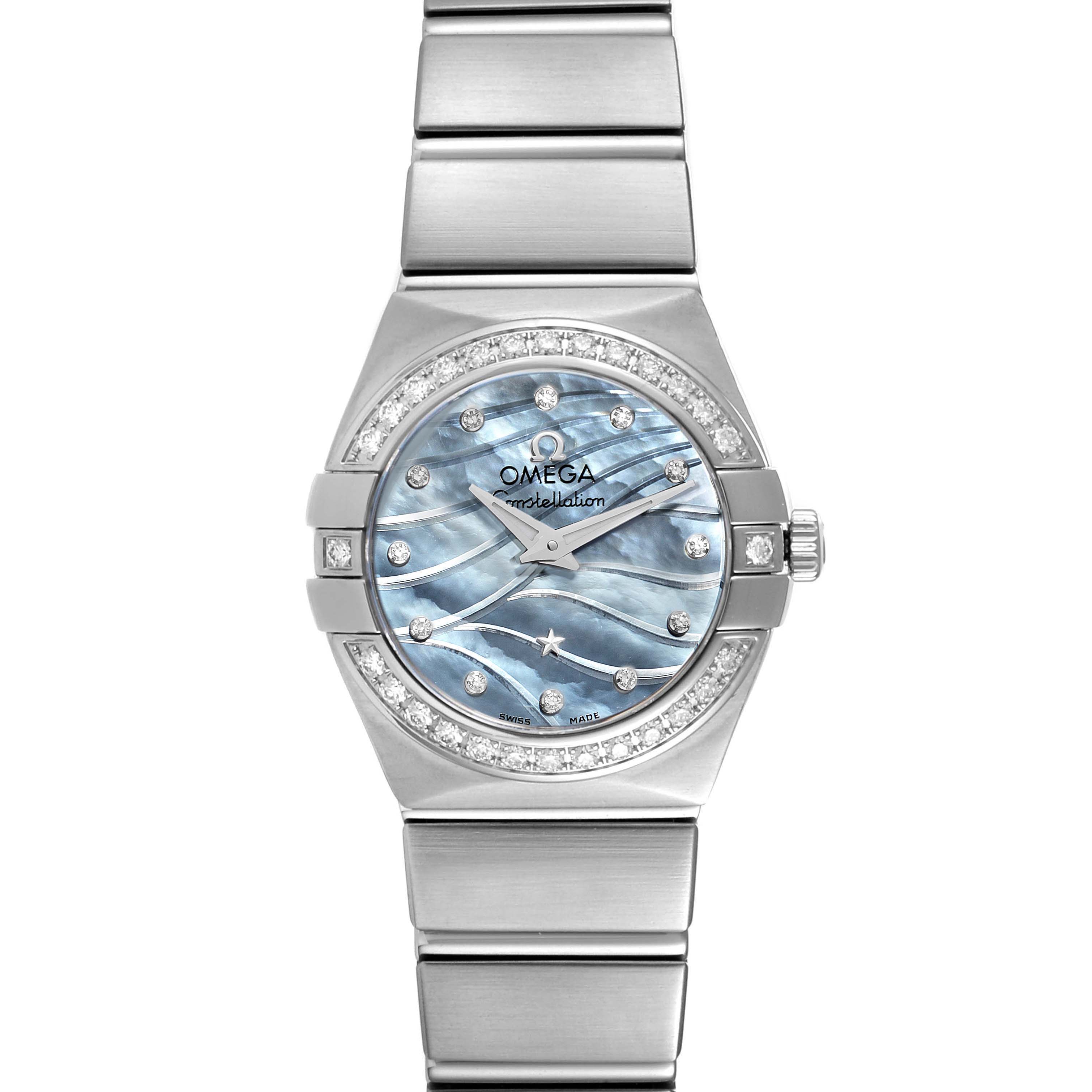 This image shows a front view of the Omega 123.15.24.60.57.001 Women's Stainless Steel Mother of Pearl Dial 123.15.24.60.57.001 Women's Stainless Steel Mother of Pearl Dial Constellation Quartz 24 MOP Diamond Watch 123.15.24.60.57.001, highlighting its dial, bezel, and bracelet.