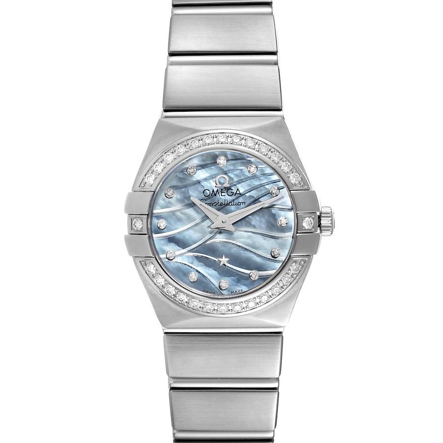 This image shows a front view of the Omega 123.15.24.60.57.001 Women's Stainless Steel Mother of Pearl Dial 123.15.24.60.57.001 Women's Stainless Steel Mother of Pearl Dial Constellation Quartz 24 MOP Diamond Watch 123.15.24.60.57.001, highlighting its dial, bezel, and bracelet.