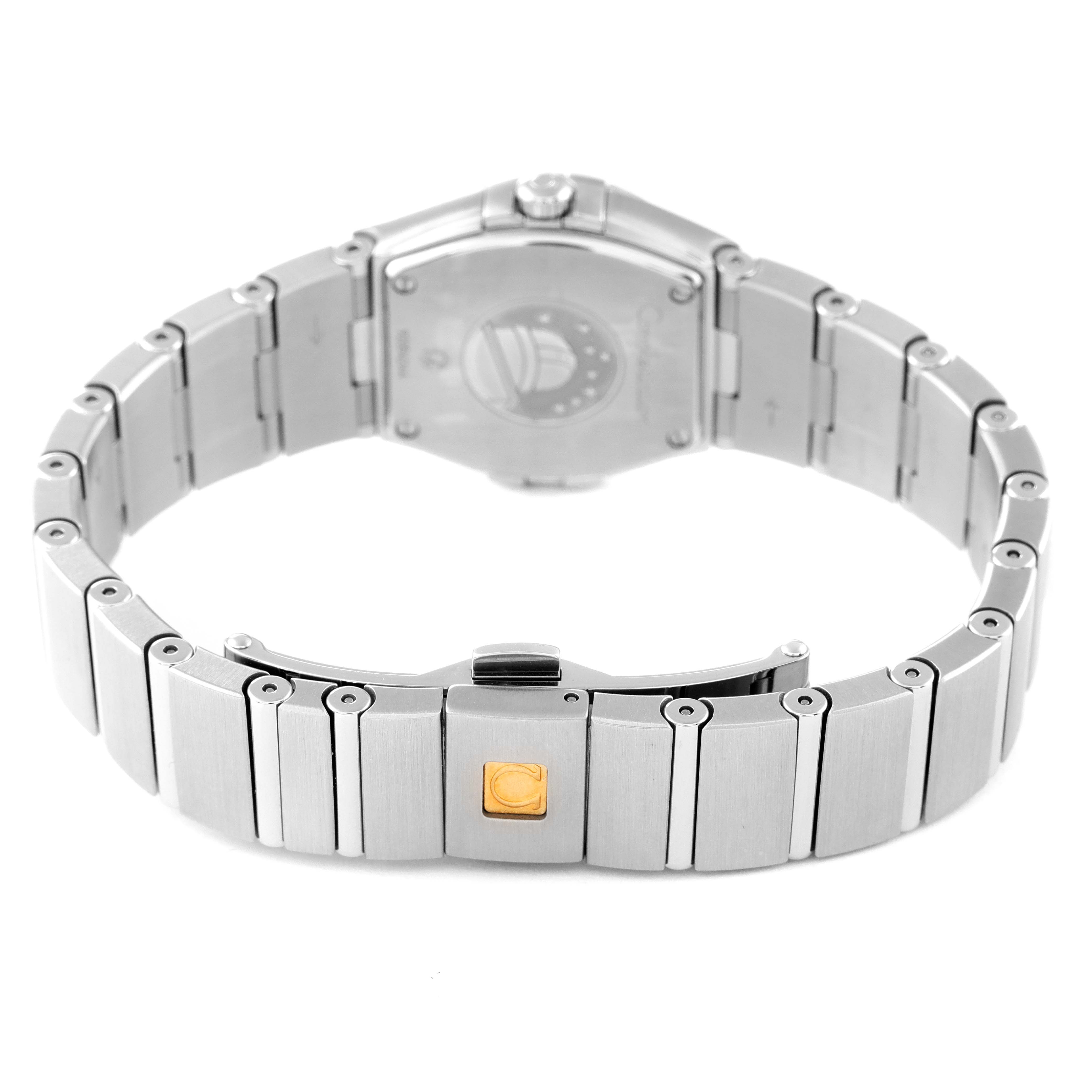 This image shows the back and bracelet of the Omega 123.15.24.60.57.001 Women's Stainless Steel Mother of Pearl Dial 123.15.24.60.57.001 Women's Stainless Steel Mother of Pearl Dial Constellation Quartz 24 MOP Diamond Watch 123.15.24.60.57.001.