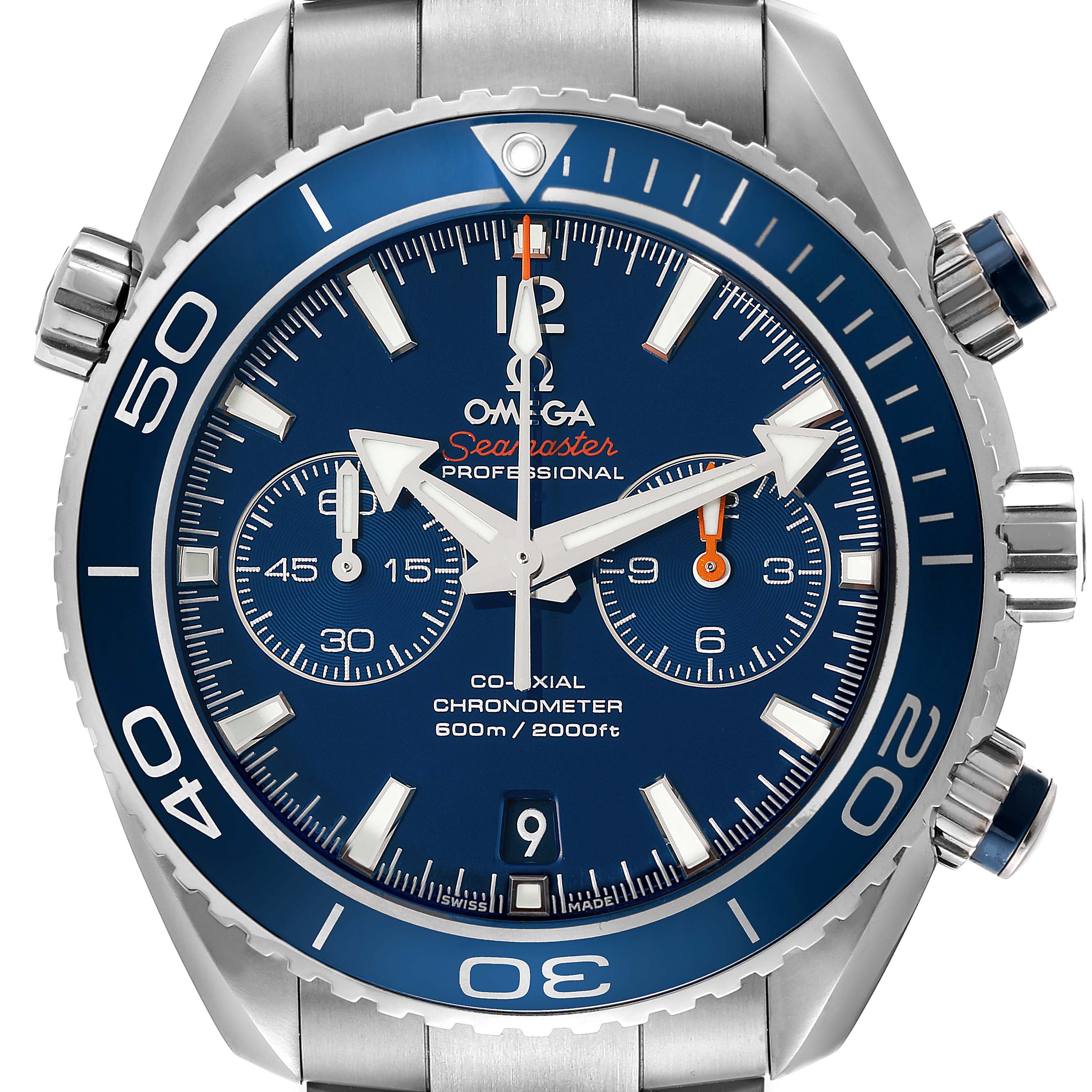 The image shows a frontal view of the Omega Planet Ocean 232.90.46.51.03.001 Men's Titanium Blue Dial 232.90.46.51.03.001 Men's Titanium Blue Dial watch, highlighting the dial, bezel, and crown.
