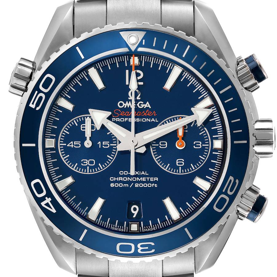 The image shows a frontal view of the Omega Planet Ocean 232.90.46.51.03.001 Men's Titanium Blue Dial 232.90.46.51.03.001 Men's Titanium Blue Dial watch, highlighting the dial, bezel, and crown.