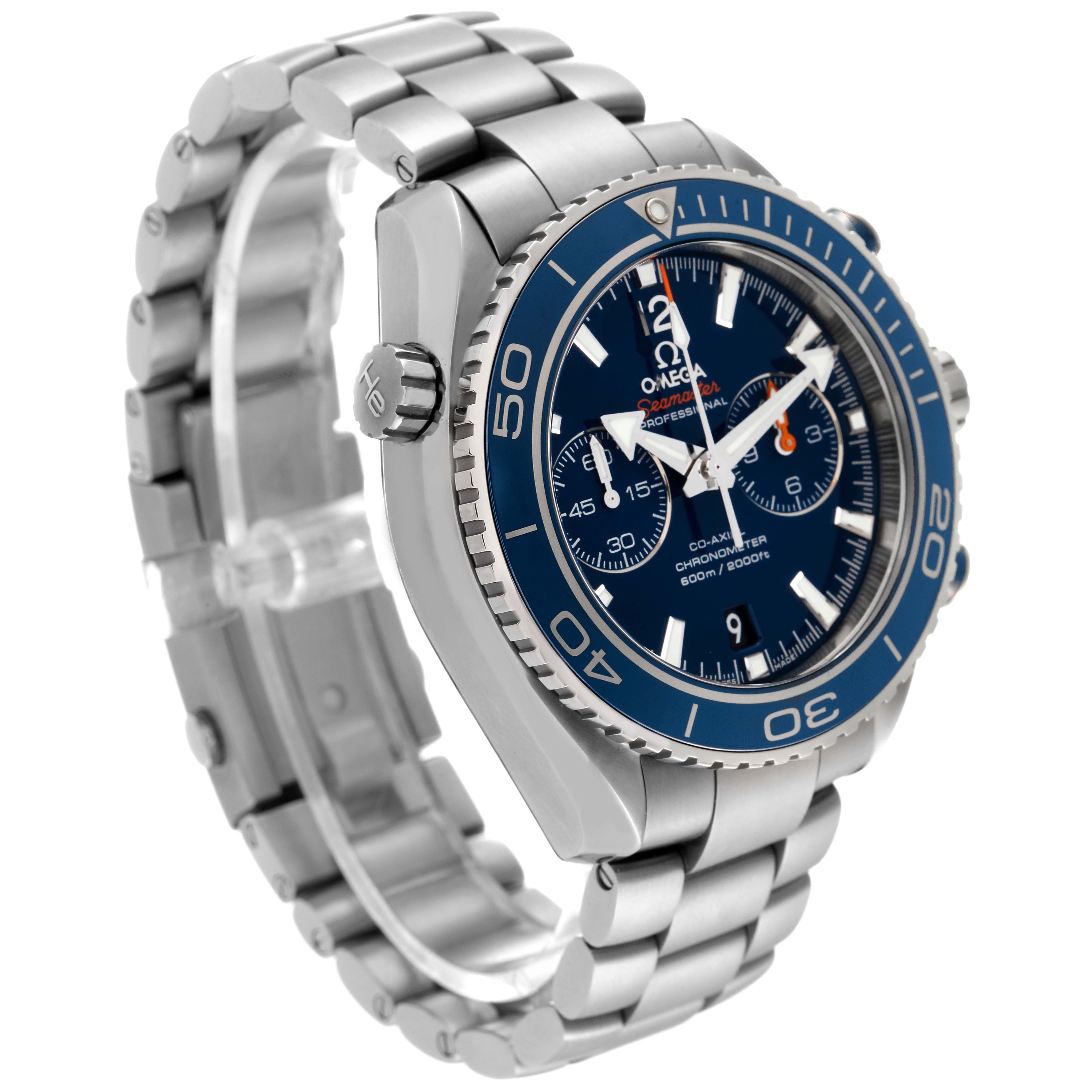 The Omega Planet Ocean 232.90.46.51.03.001 Men's Titanium Blue Dial 232.90.46.51.03.001 Men's Titanium Blue Dial watch is shown from a front-side angle, displaying its blue dial, bezel, and stainless steel bracelet.