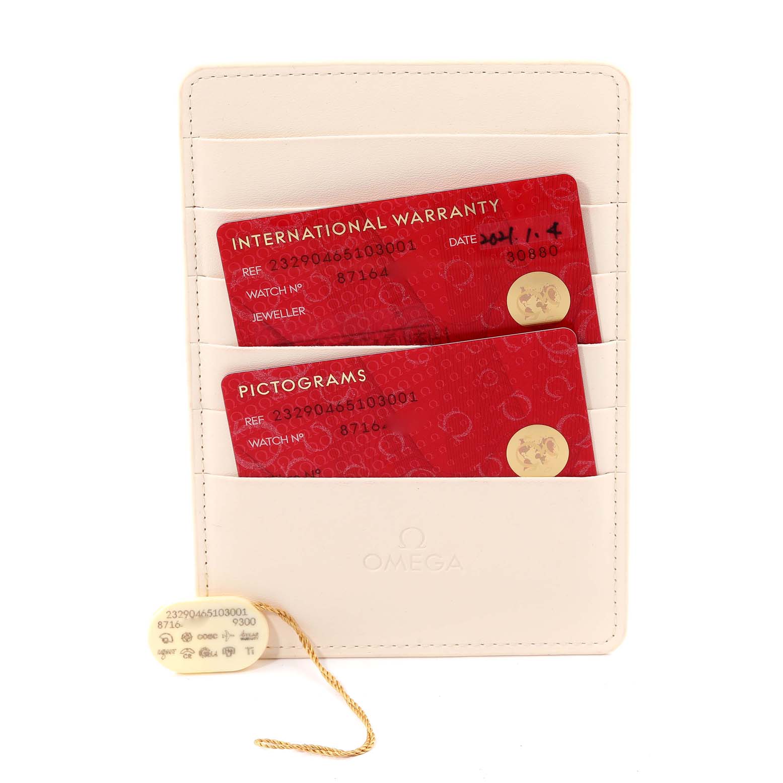 This image shows the warranty and pictogram cards for an Omega Planet Ocean 232.90.46.51.03.001 Men's Titanium Blue Dial 232.90.46.51.03.001 Men's Titanium Blue Dial watch in a white Omega cardholder.