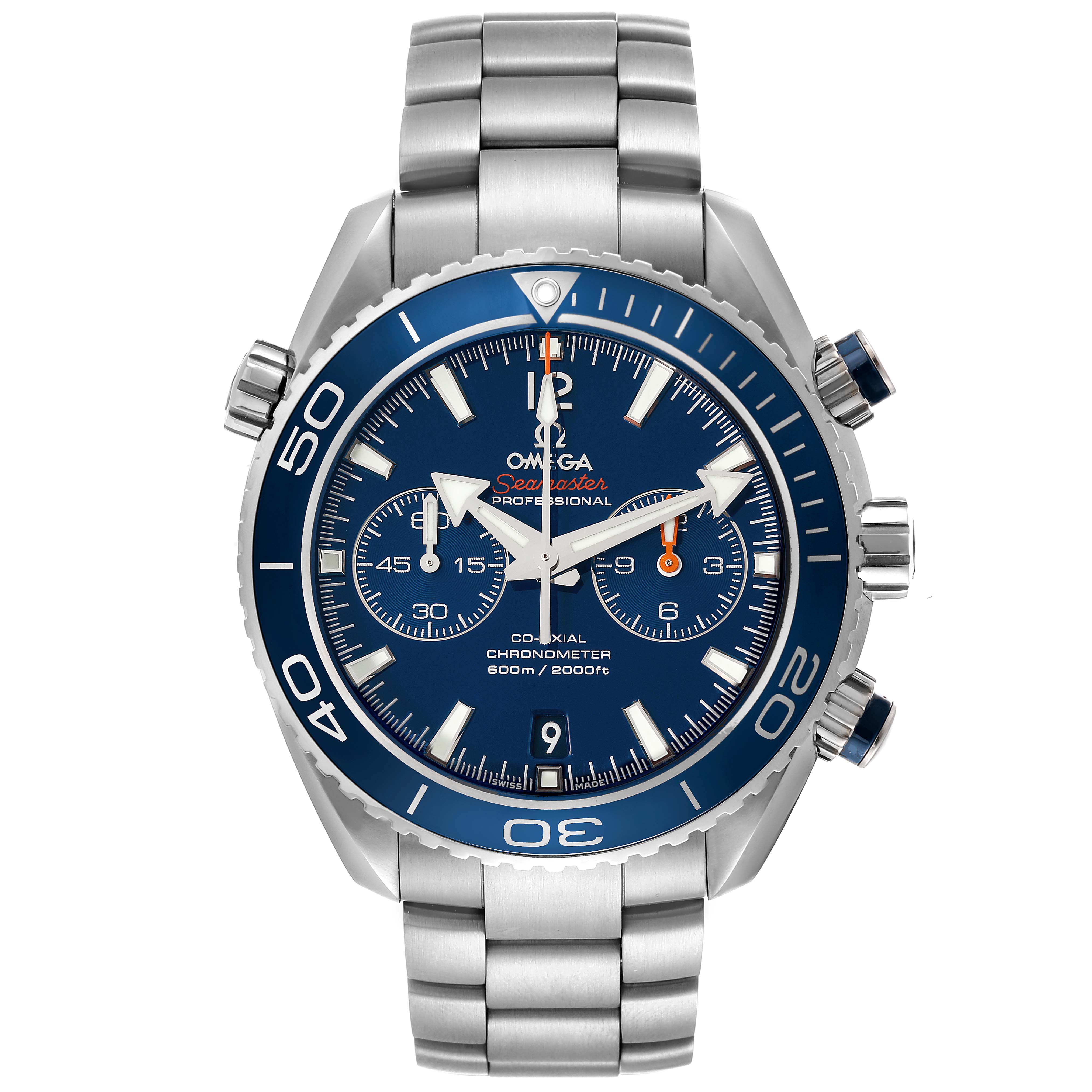 The Omega Planet Ocean 232.90.46.51.03.001 Men's Titanium Blue Dial 232.90.46.51.03.001 Men's Titanium Blue Dial watch is shown from a front angle, displaying its dial, bezel, and metal strap.