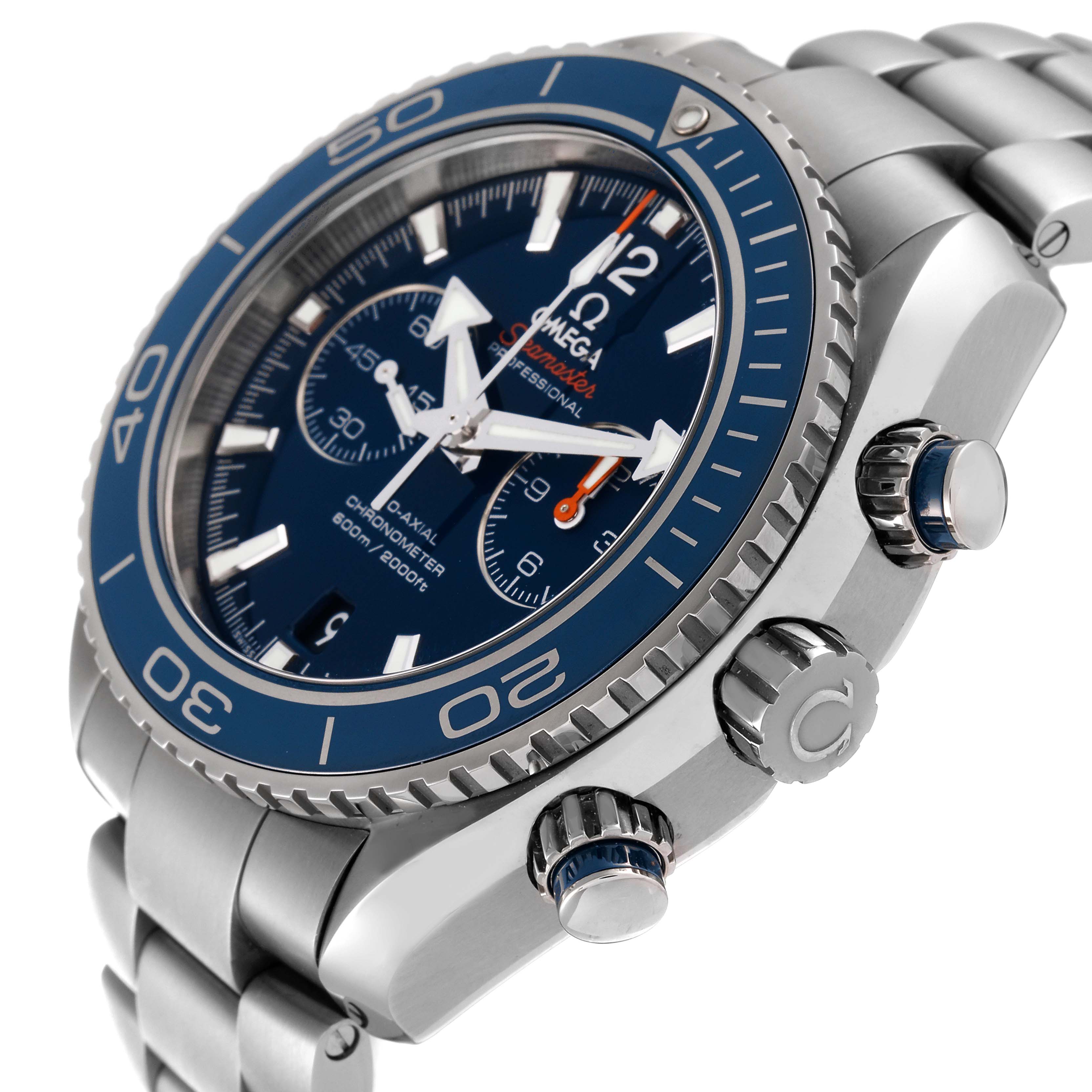 The image shows a side angle of an Omega Planet Ocean 232.90.46.51.03.001 Men's Titanium Blue Dial 232.90.46.51.03.001 Men's Titanium Blue Dial watch, focusing on the bezel, dial, crown, and bracelet.
