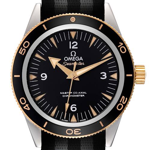 This is a front view of an Omega Seamaster 233.22.41.21.01.001 Men's Steel and Gold (two tone) Black Dial 233.22.41.21.01.001 Men's Steel and Gold (two tone) Black Dial watch, displaying its dial, bezel, hands, and crown.