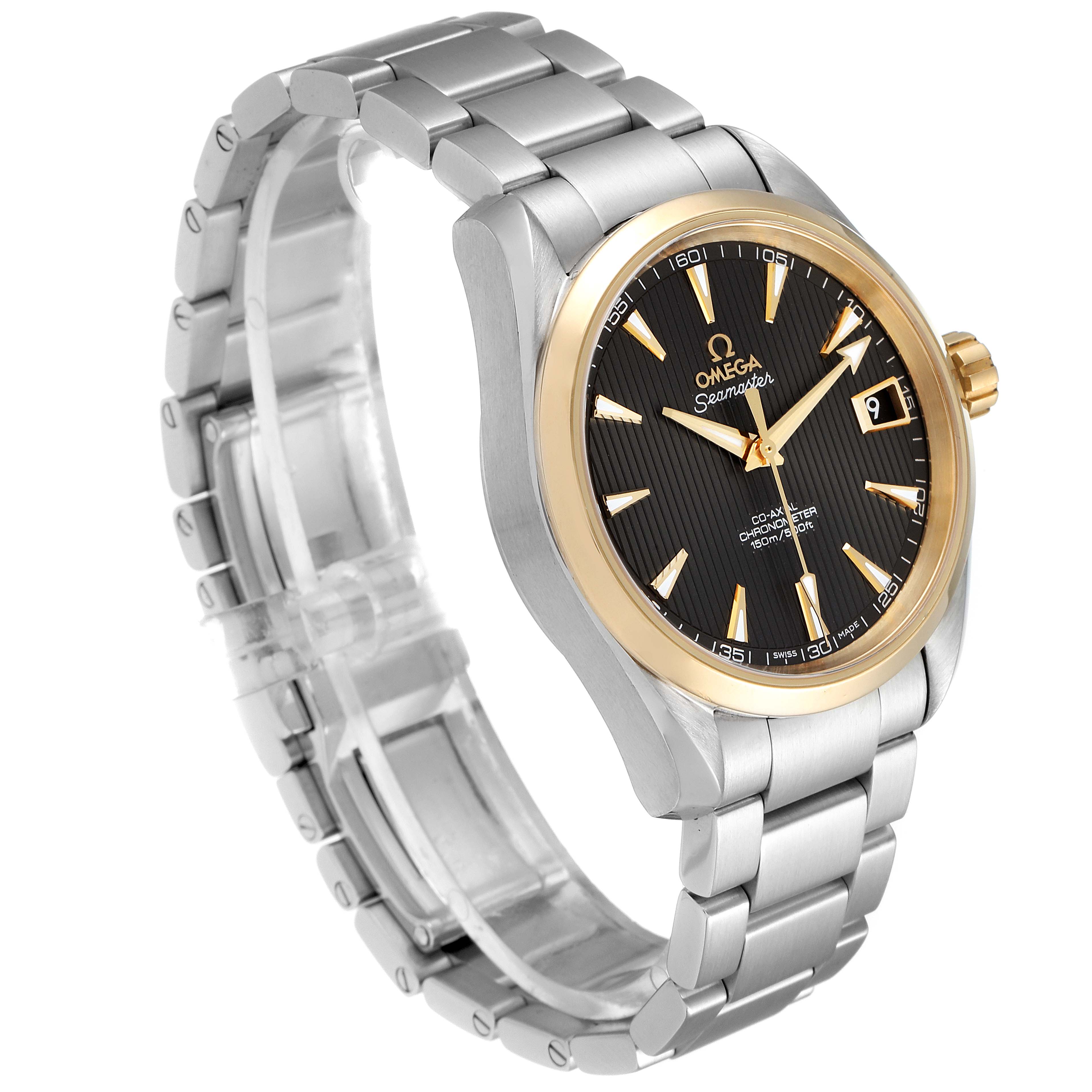 This image shows an Omega Aqua Terra 231.20.39.21.06.004 Men's Steel and Gold (two tone) Grey Dial 231.20.39.21.06.004 Men's Steel and Gold (two tone) Grey Dial watch from an angled side view, highlighting the dial, bracelet, and crown.