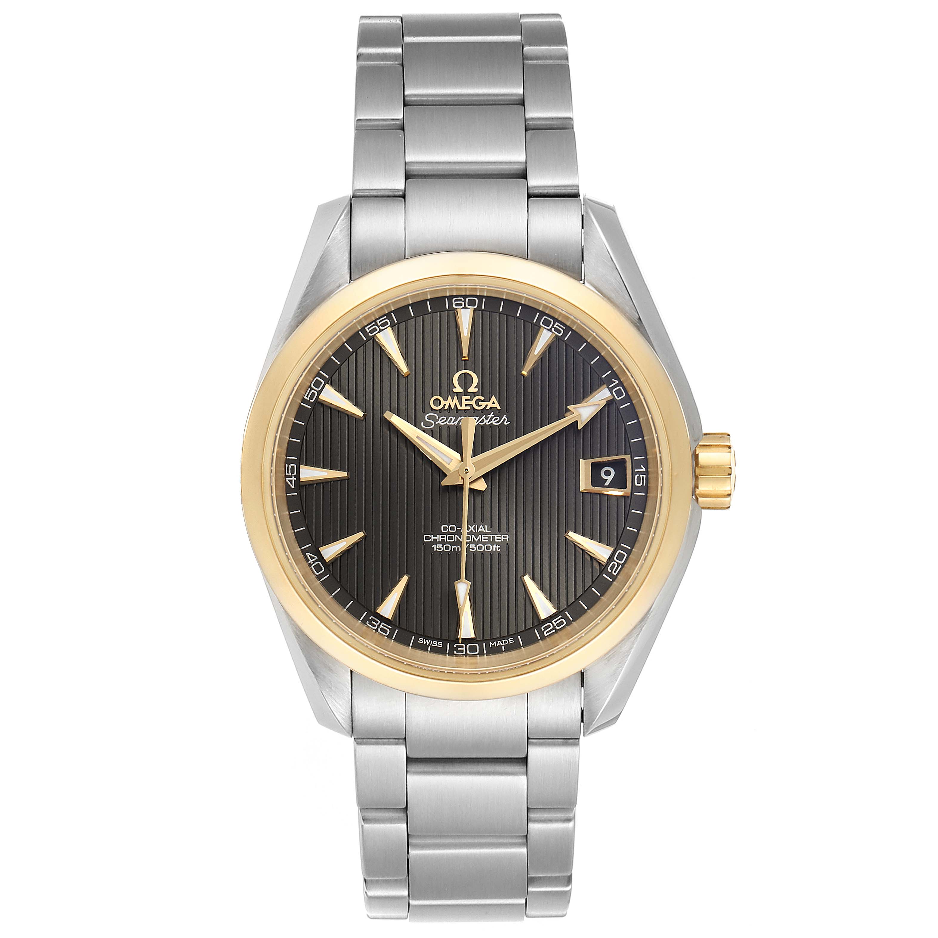 The image shows a front view of the Omega Aqua Terra 231.20.39.21.06.004 Men's Steel and Gold (two tone) Grey Dial 231.20.39.21.06.004 Men's Steel and Gold (two tone) Grey Dial watch, highlighting the face, bezel, hands, markers, date, and bracelet.