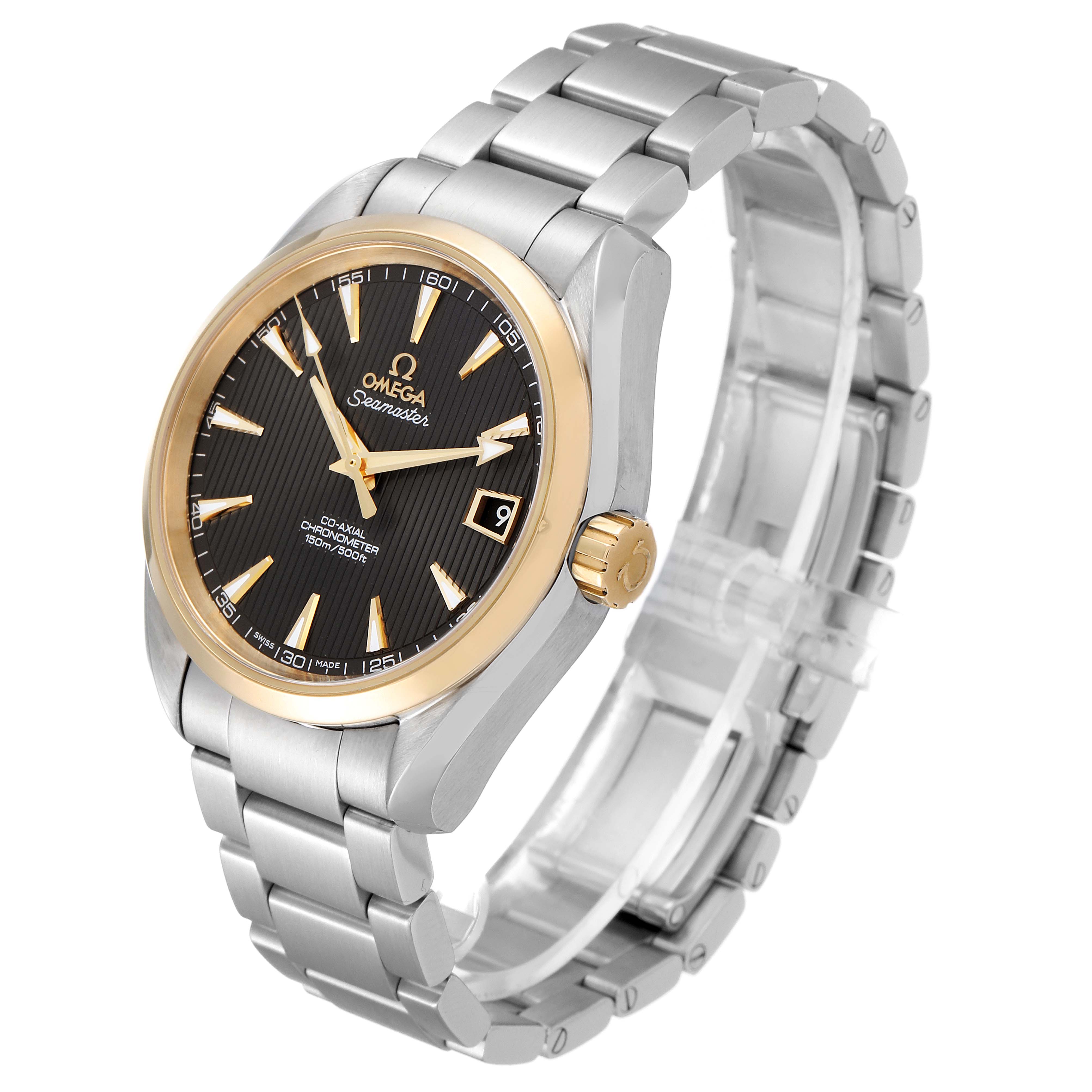 The Omega Aqua Terra 231.20.39.21.06.004 Men's Steel and Gold (two tone) Grey Dial 231.20.39.21.06.004 Men's Steel and Gold (two tone) Grey Dial watch is shown at a three-quarter angle, displaying the face, bezel, crown, and stainless steel bracelet.