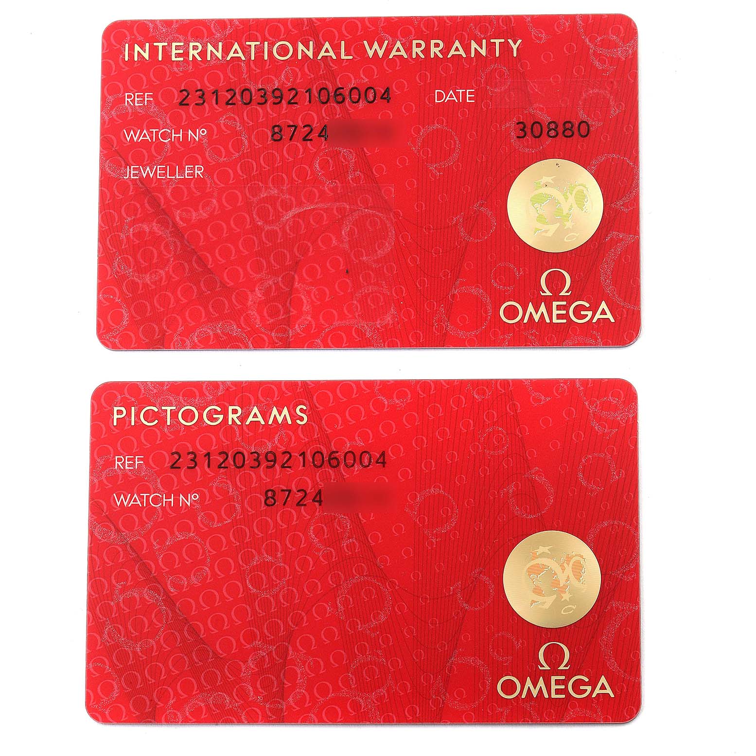 The image shows the International Warranty and Pictograms cards for the Omega Aqua Terra 231.20.39.21.06.004 Men's Steel and Gold (two tone) Grey Dial 231.20.39.21.06.004 Men's Steel and Gold (two tone) Grey Dial model.