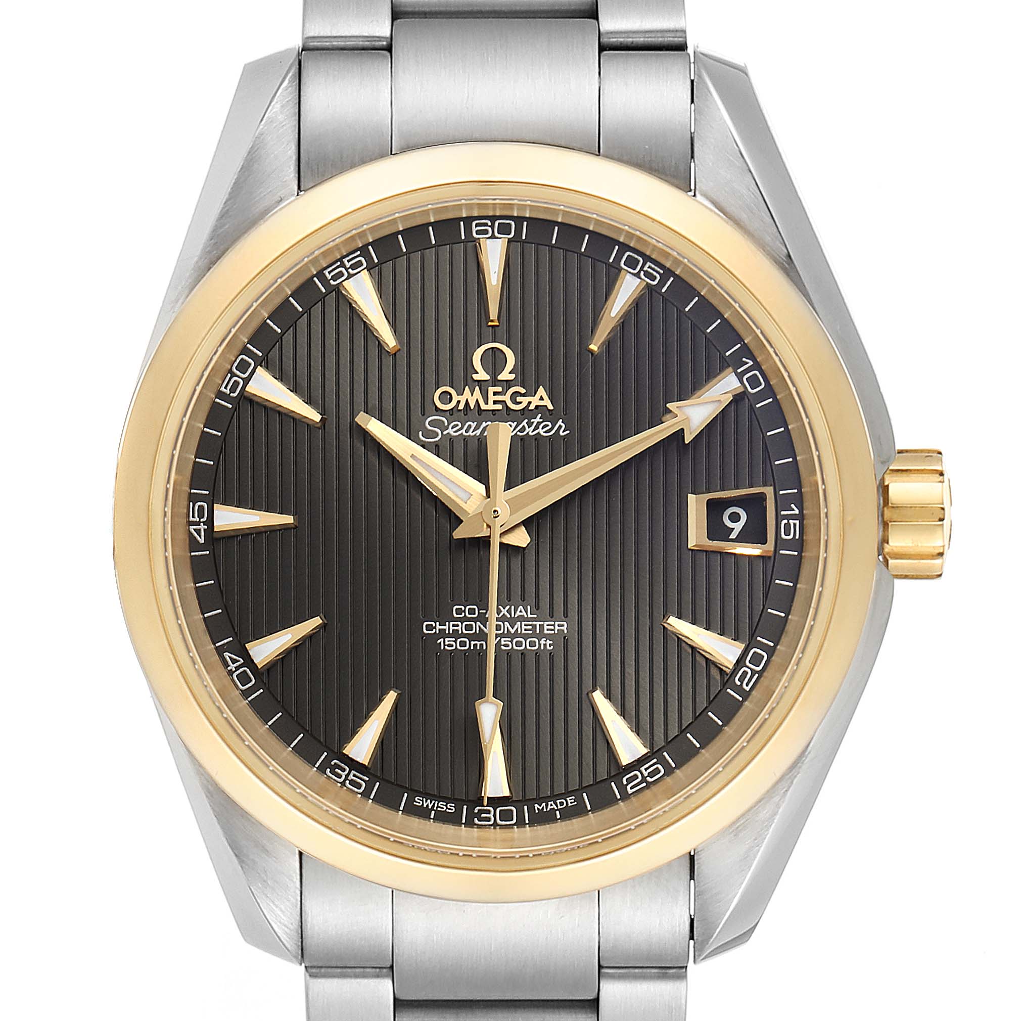 The Omega Aqua Terra 231.20.39.21.06.004 Men's Steel and Gold (two tone) Grey Dial 231.20.39.21.06.004 Men's Steel and Gold (two tone) Grey Dial watch is shown from the front, highlighting its dial, hands, date window, and part of the bracelet.