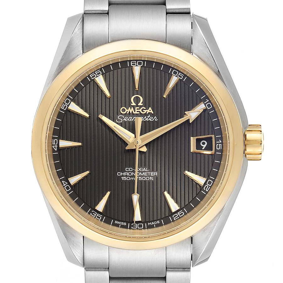 The Omega Aqua Terra 231.20.39.21.06.004 Men's Steel and Gold (two tone) Grey Dial 231.20.39.21.06.004 Men's Steel and Gold (two tone) Grey Dial watch is shown from the front, highlighting its dial, hands, date window, and part of the bracelet.