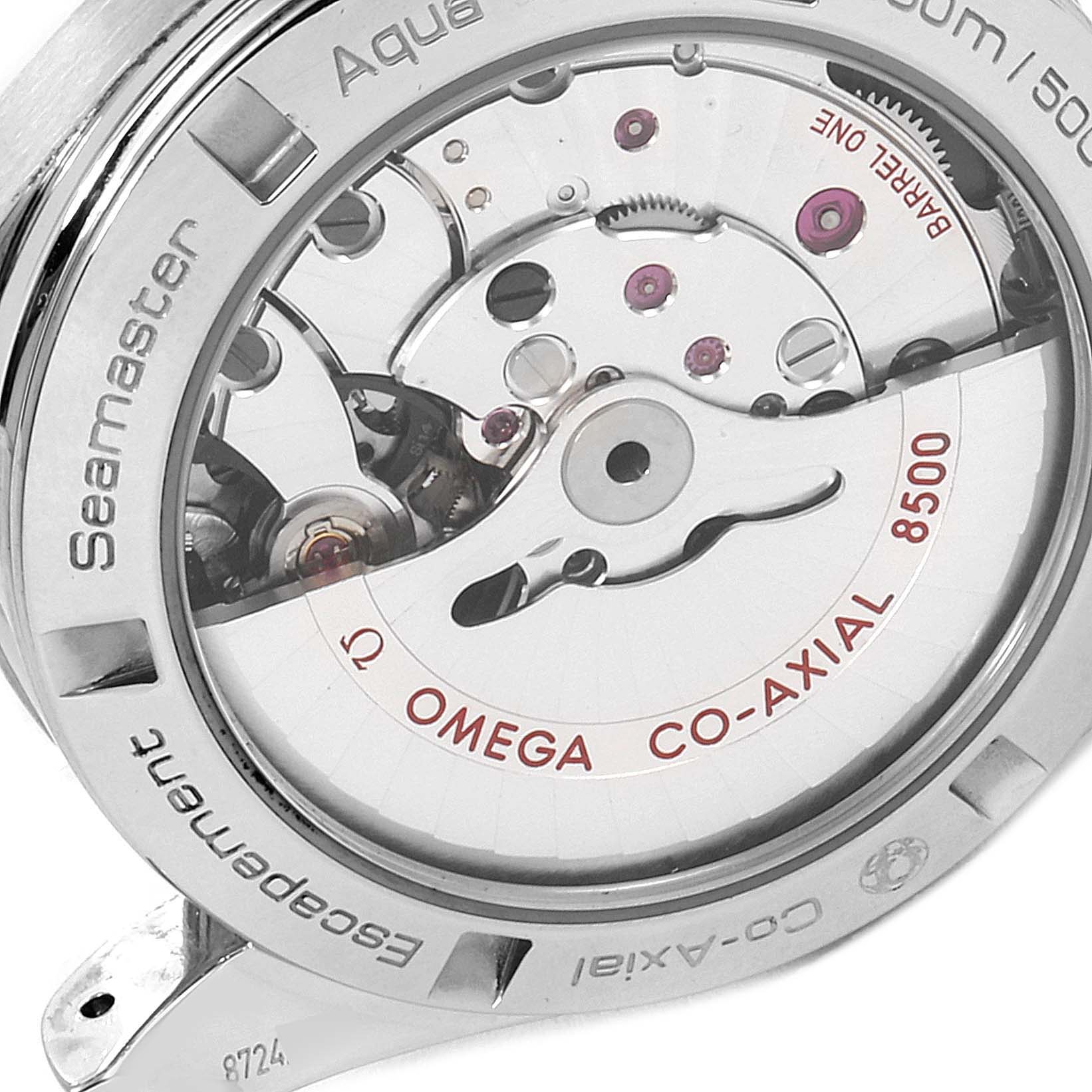 The image shows the back view of the Omega Aqua Terra 231.20.39.21.06.004 Men's Steel and Gold (two tone) Grey Dial 231.20.39.21.06.004 Men's Steel and Gold (two tone) Grey Dial watch, highlighting the inner mechanical movements and engravings on the case.