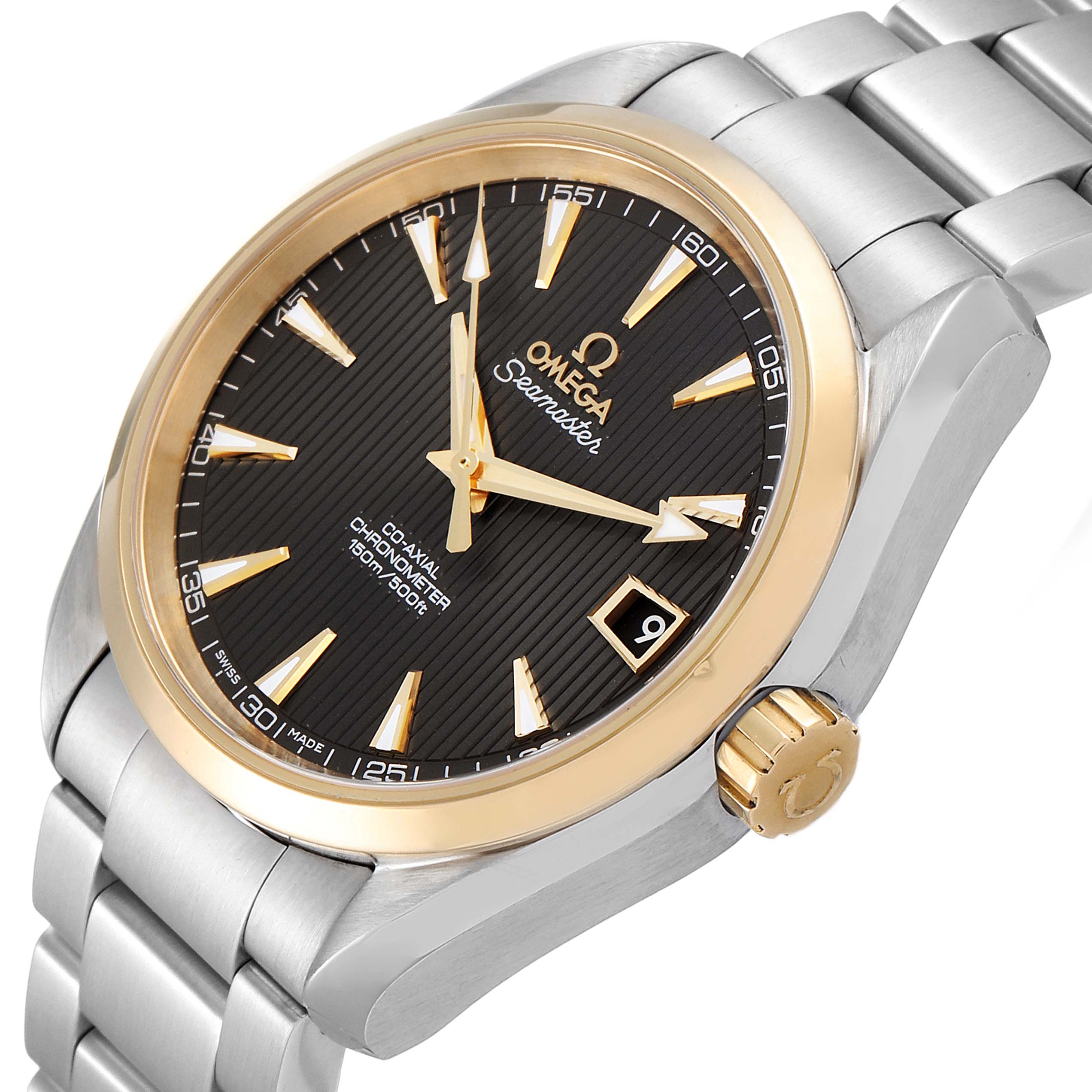 The image shows an Omega Aqua Terra 231.20.39.21.06.004 Men's Steel and Gold (two tone) Grey Dial 231.20.39.21.06.004 Men's Steel and Gold (two tone) Grey Dial watch from an angled side view, highlighting the black dial, gold bezel, and bracelet.