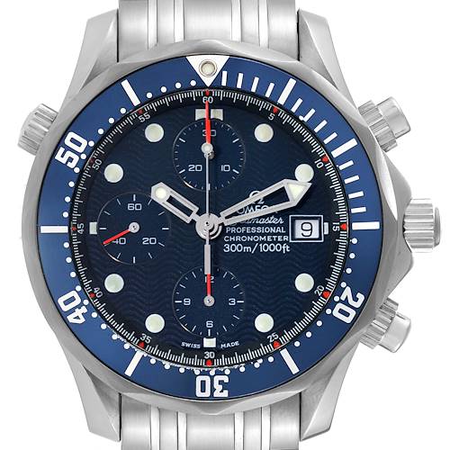 The image shows a front view of the Omega Seamaster 2599.80.00 Men's Stainless Steel Blue Dial 2599.80.00 Men's Stainless Steel Blue Dial watch, displaying the dial, bezel, chronograph sub-dials, and a part of the bracelet.