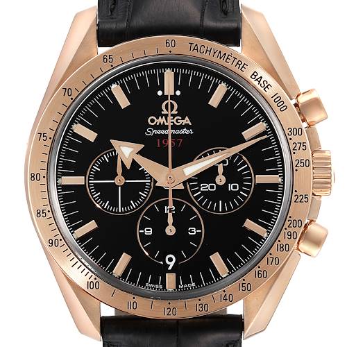 The image shows a front view of the Omega Speedmaster 321.53.42.50.01.001 Men's Rose Gold Black Dial 321.53.42.50.01.001 Men's Rose Gold Black Dial watch, showcasing its black dial, chronograph sub-dials, and tachymeter bezel.