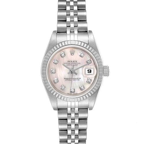 The image shows a front view of a Rolex Datejust 79174 Women's Stainless Steel Mother of Pearl Dial 79174 Women's Stainless Steel Mother of Pearl Dial watch, highlighting its face, dial, bezel, and bracelet.