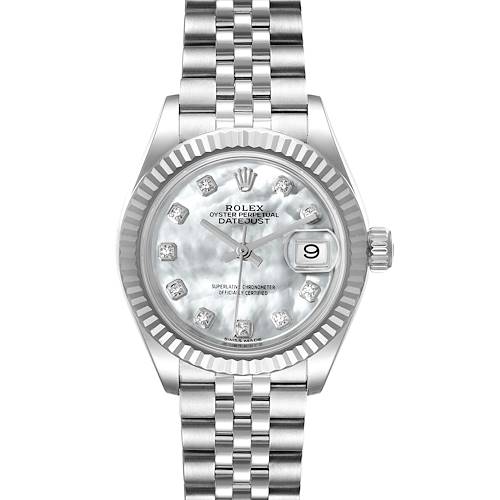 This image shows a frontal view of a Rolex Datejust 279174 Women's Stainless Steel Mother of Pearl Dial 279174 Women's Stainless Steel Mother of Pearl Dial watch, highlighting its bracelet, dial, and date magnifier.