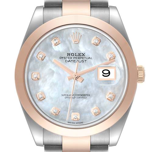 The image shows a front view of the Rolex Datejust 41 126301 Men's Steel and Gold (two tone) Mother of Pearl Dial 126301 Men's Steel and Gold (two tone) Mother of Pearl Dial watch face, detailing its hands, dial, date, and bezel.