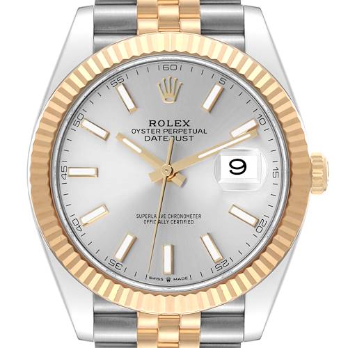 The image shows a front view of a Rolex Datejust 41 126333 Men's Steel and Gold (two tone) Silver Dial 126333 Men's Steel and Gold (two tone) Silver Dial watch, highlighting the dial, fluted bezel, and two-tone bracelet.