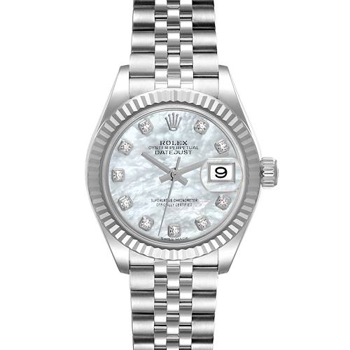 The Rolex Datejust 279174 Women's Stainless Steel Mother of Pearl Dial 279174 Women's Stainless Steel Mother of Pearl Dial watch is shown from a top-down angle, displaying the dial, bezel, and part of the bracelet.