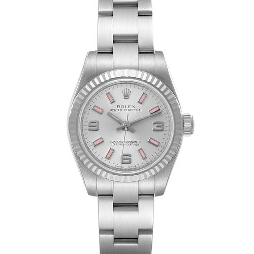 This image shows a front view of the Rolex Oyster Perpetual 176234 Women's Stainless Steel Silver Dial 176234 Women's Stainless Steel Silver Dial watch, displaying its dial, bezel, crown, and bracelet.
