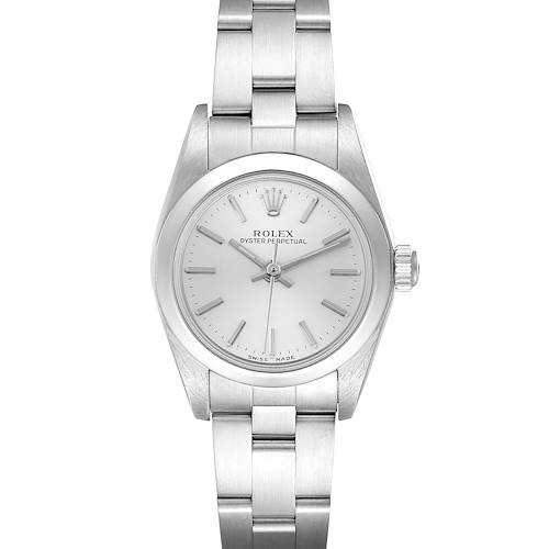 This Rolex Oyster Perpetual 76080 Women's Stainless Steel Silver Dial 76080 Women's Stainless Steel Silver Dial watch is shown from a top-down angle, displaying its dial, case, and bracelet.