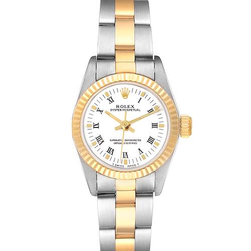 The image shows a front view of a Rolex Oyster Perpetual 67193 Women's Steel and Gold (two tone) White Dial 67193 Women's Steel and Gold (two tone) White Dial watch featuring a two-tone bracelet, white dial, and fluted bezel.