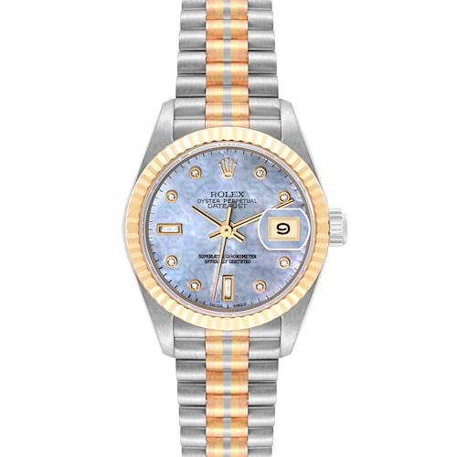 The image shows a Rolex President 69179 Women's White Gold Mother of Pearl Dial 69179 Women's White Gold Mother of Pearl Dial model watch from a front angle, highlighting its face, bezel, and bracelet.
