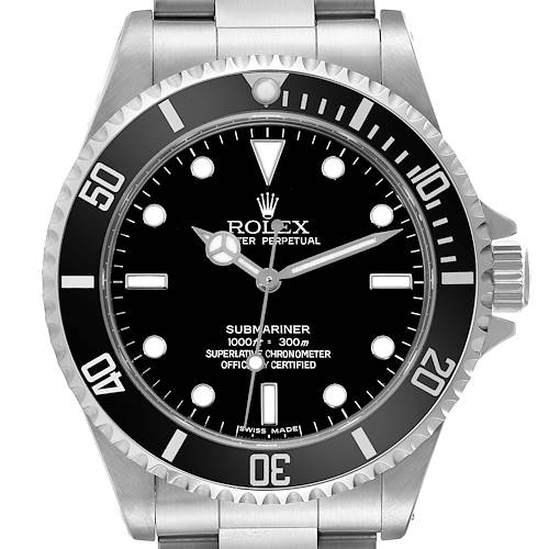 This image shows a frontal view of a Rolex Submariner 14060 Men's Stainless Steel Black Dial 14060 Men's Stainless Steel Black Dial watch, highlighting the dial, bezel, and stainless steel bracelet.