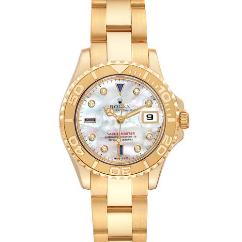 The image shows a Rolex Yacht-Master 69628 Women's Yellow Gold Mother of Pearl Dial 69628 Women's Yellow Gold Mother of Pearl Dial watch from a front angle, displaying its gold case, bezel, and bracelet.