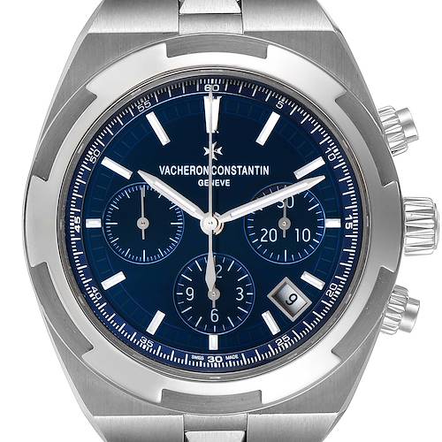 This image shows the Vacheron Constantin Overseas 5500V/110A-B148 Men's Stainless Steel Blue Dial 5500V/110A-B148 Men's Stainless Steel Blue Dial watch from a front angle, displaying the dial, bezel, and crown.