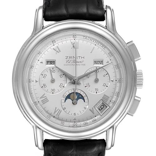 The image shows a frontal view of a Zenith Chronomaster 01.0240.410 Men's Stainless Steel Silver Dial 01.0240.410 Men's Stainless Steel Silver Dial watch, highlighting its dials, tachymeter, and moon phase.