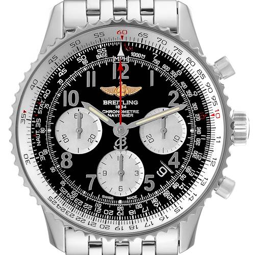 The image shows a front view of a Breitling Navitimer AB0120 Men's Stainless Steel Black Dial AB0120 Men's Stainless Steel Black Dial watch with a stainless steel case and bracelet, and multiple sub-dials on the face.