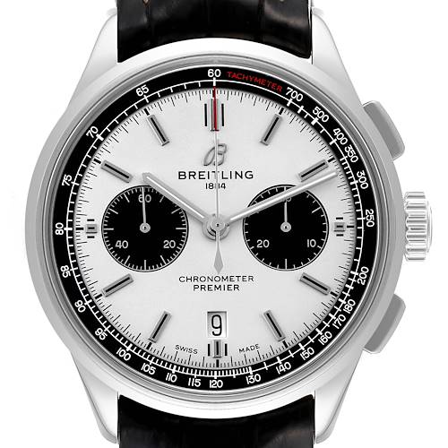 The image shows a front view of the Breitling Premier AB0118221G1P2 Men's Stainless Steel Silver Dial AB0118221G1P2 Men's Stainless Steel Silver Dial model watch, displaying the face, hands, subdials, and chronograph features.