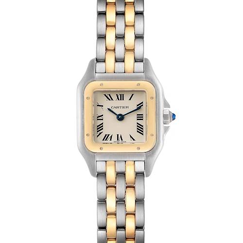 The image shows the front view of the Cartier Panthère watch, highlighting the dial, bezel, and the metal bracelet.