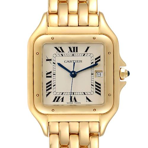 This image shows a close-up front view of the Cartier Panthere W25014B9 Women's Yellow Gold Silver Dial W25014B9 Women's Yellow Gold Silver Dial watch face and part of its bracelet.