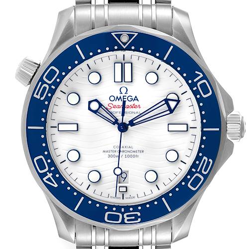 The image shows the face of an Omega Seamaster 522.30.42.20.04.001 Men's Stainless Steel White Dial 522.30.42.20.04.001 Men's Stainless Steel White Dial watch with a blue bezel, white dial, and stainless steel case and bracelet.