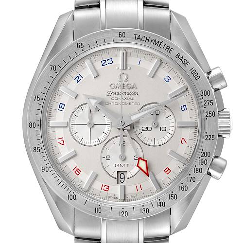 The image shows a front view of an Omega Speedmaster 3581.30.00 Men's Stainless Steel White Dial 3581.30.00 Men's Stainless Steel White Dial watch, highlighting the dial, bezel, and chronograph subdials.