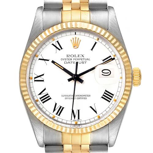 The image shows a front view of the Rolex Vintage Collection 16013 Men's Steel and Gold (two tone) White Dial 16013 Men's Steel and Gold (two tone) White Dial Oyster Perpetual Datejust watch, highlighting the dial, bezel, and part of the bracelet.