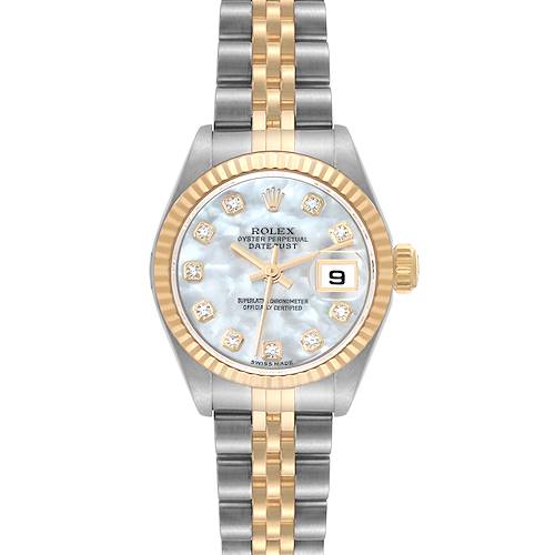 This Rolex Datejust 79173 Women's Steel and Gold (two tone) Mother of Pearl Dial 79173 Women's Steel and Gold (two tone) Mother of Pearl Dial watch is shown from the front, displaying its face, dial, bezel, and bracelet.