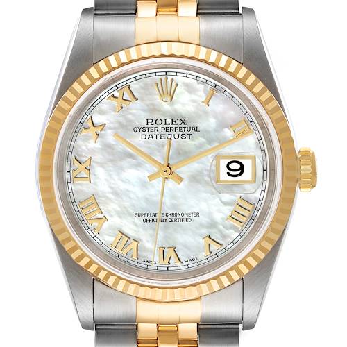This image shows a frontal view of the Rolex Datejust 16233 Men's Steel and Gold (two tone) Mother of Pearl Dial 16233 Men's Steel and Gold (two tone) Mother of Pearl Dial watch, displaying its dial, bezel, and part of the bracelet.