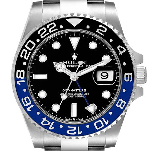 The image shows the front view of the Rolex GMT-Master 126710 Men's Stainless Steel Black Dial 126710 Men's Stainless Steel Black Dial II watch, highlighting its bezel, dial, and date display.