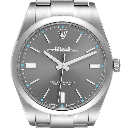 The image shows the front view of a Rolex Oyster Perpetual 114300 Men's Stainless Steel Grey Dial 114300 Men's Stainless Steel Grey Dial watch, highlighting the dial, bezel, and part of the bracelet.
