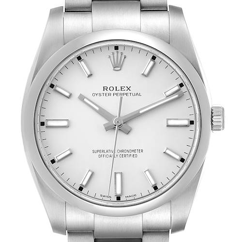 This is a front view of the Rolex Oyster Perpetual 114200 Men's Stainless Steel White Dial 114200 Men's Stainless Steel White Dial watch, showcasing its dial, hands, markers, and crown.